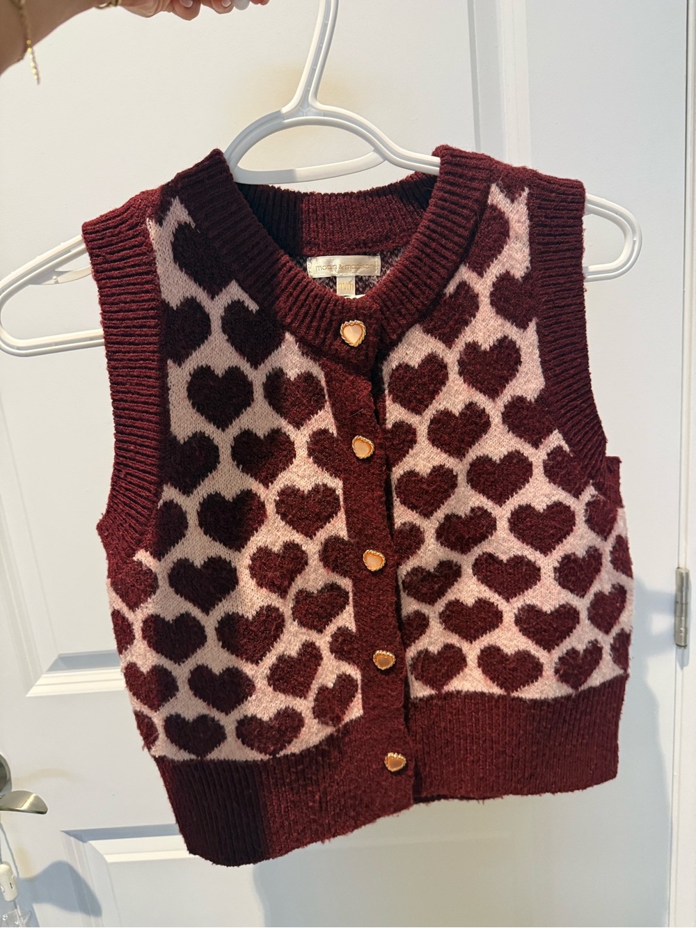 Women's Burgundy Heart Knit Button Vest Sweater